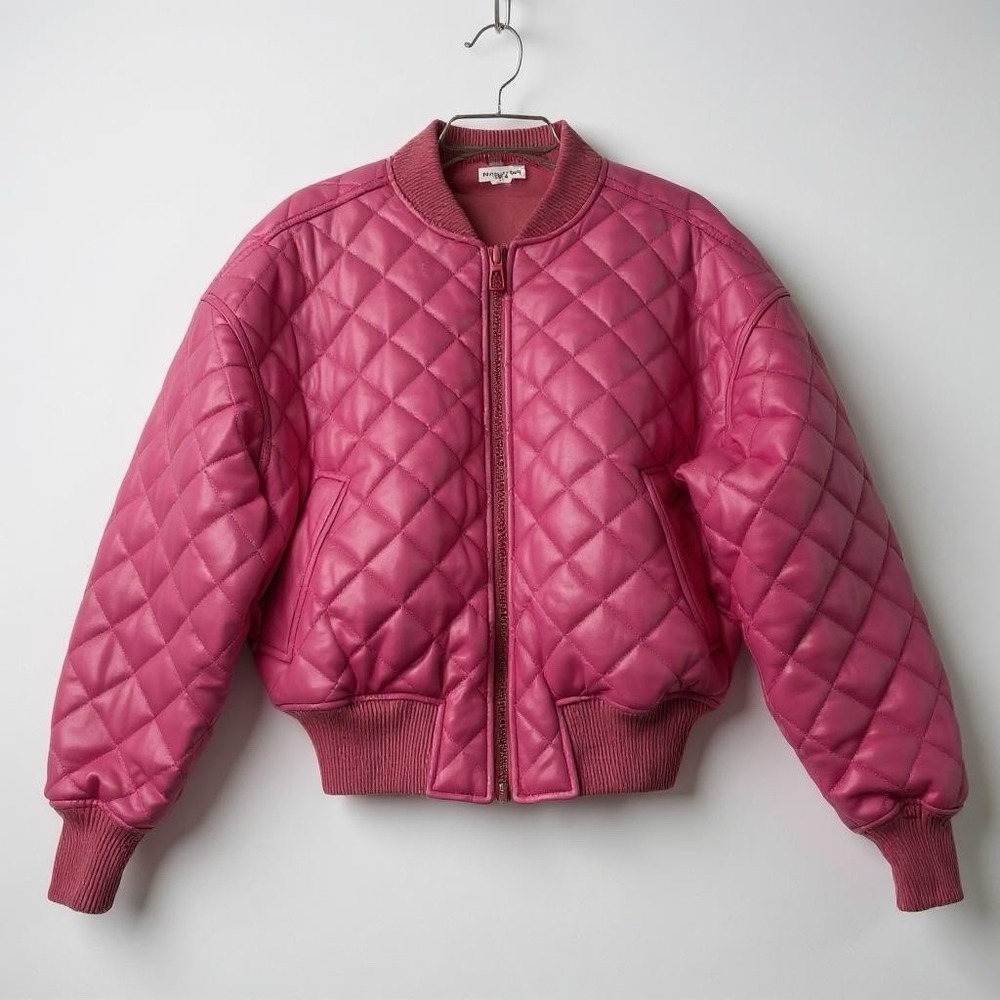Good American Faux Leather Puffer Bomber Jacket XS Pink Glam Gossip Girl Barbie